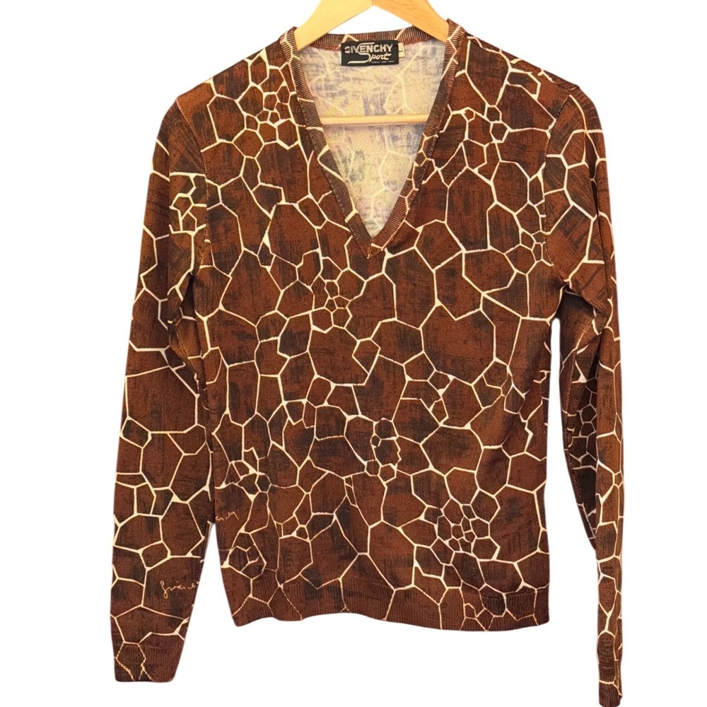 Vintage Givenchy Sport V-Neck Sweater Giraffe Print Designer Chic Quiet Luxury